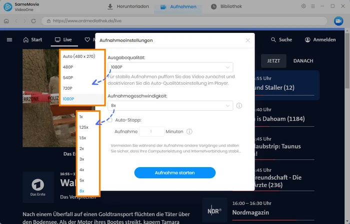 Einstellungen von „Aufnehmen“